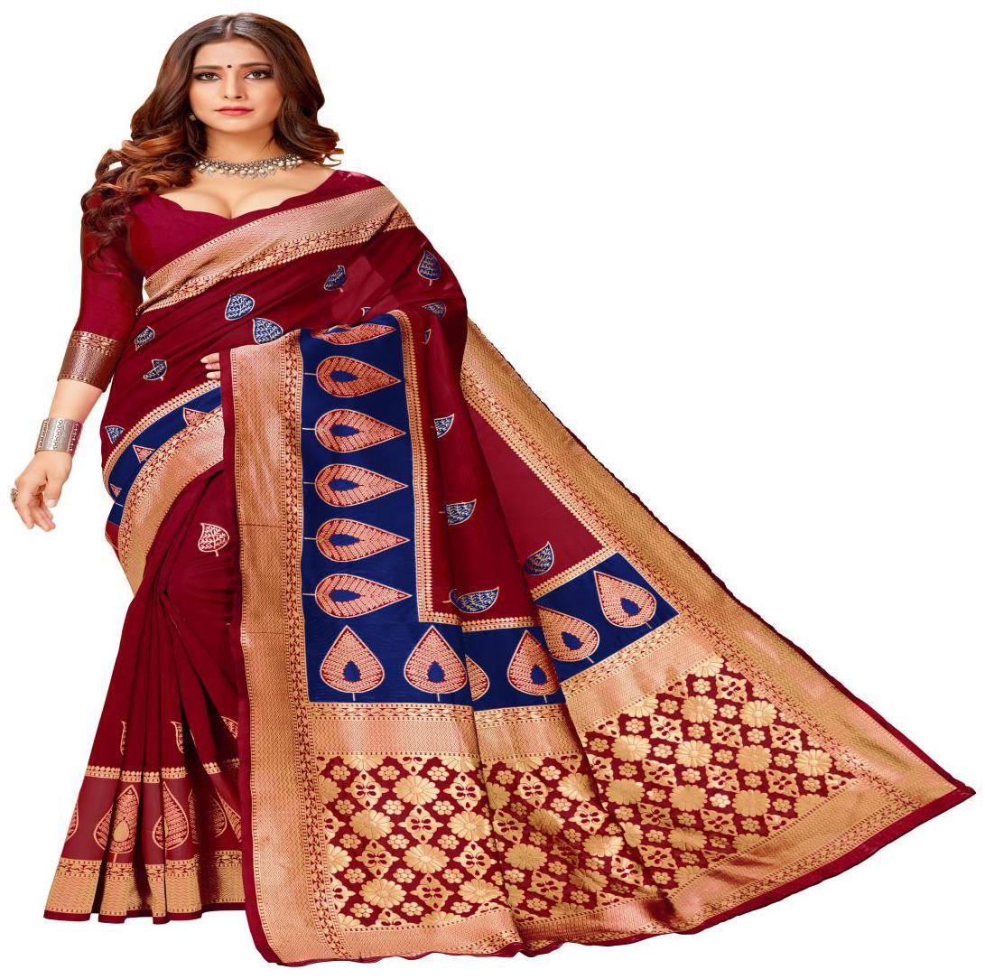 

Prathameshwara Creation Women Cotton Blend Woven Maroon Designer Saree With Blouse