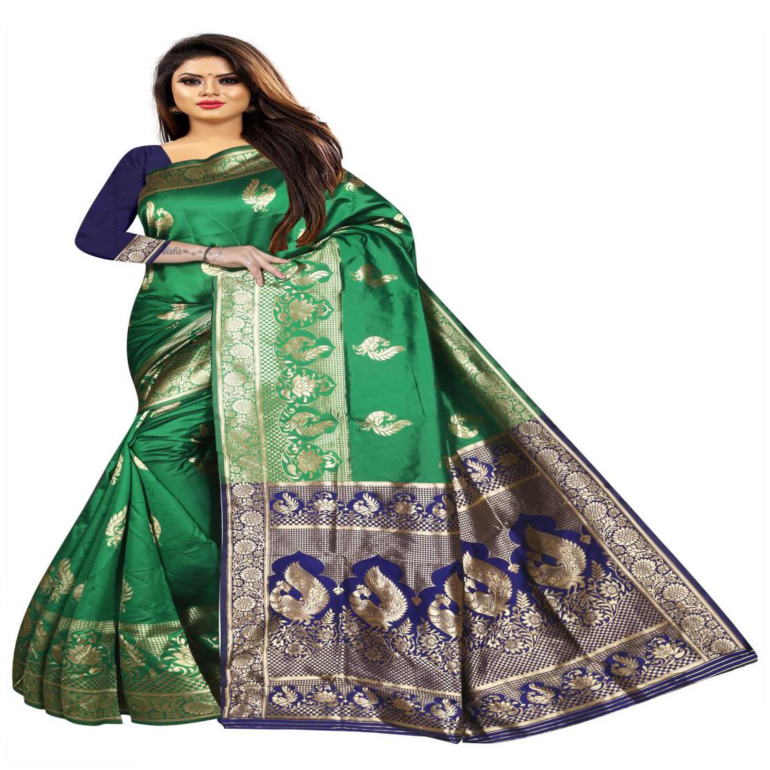 

Prathameshwara Creation Women Silk Woven Green Designer Saree With Blouse