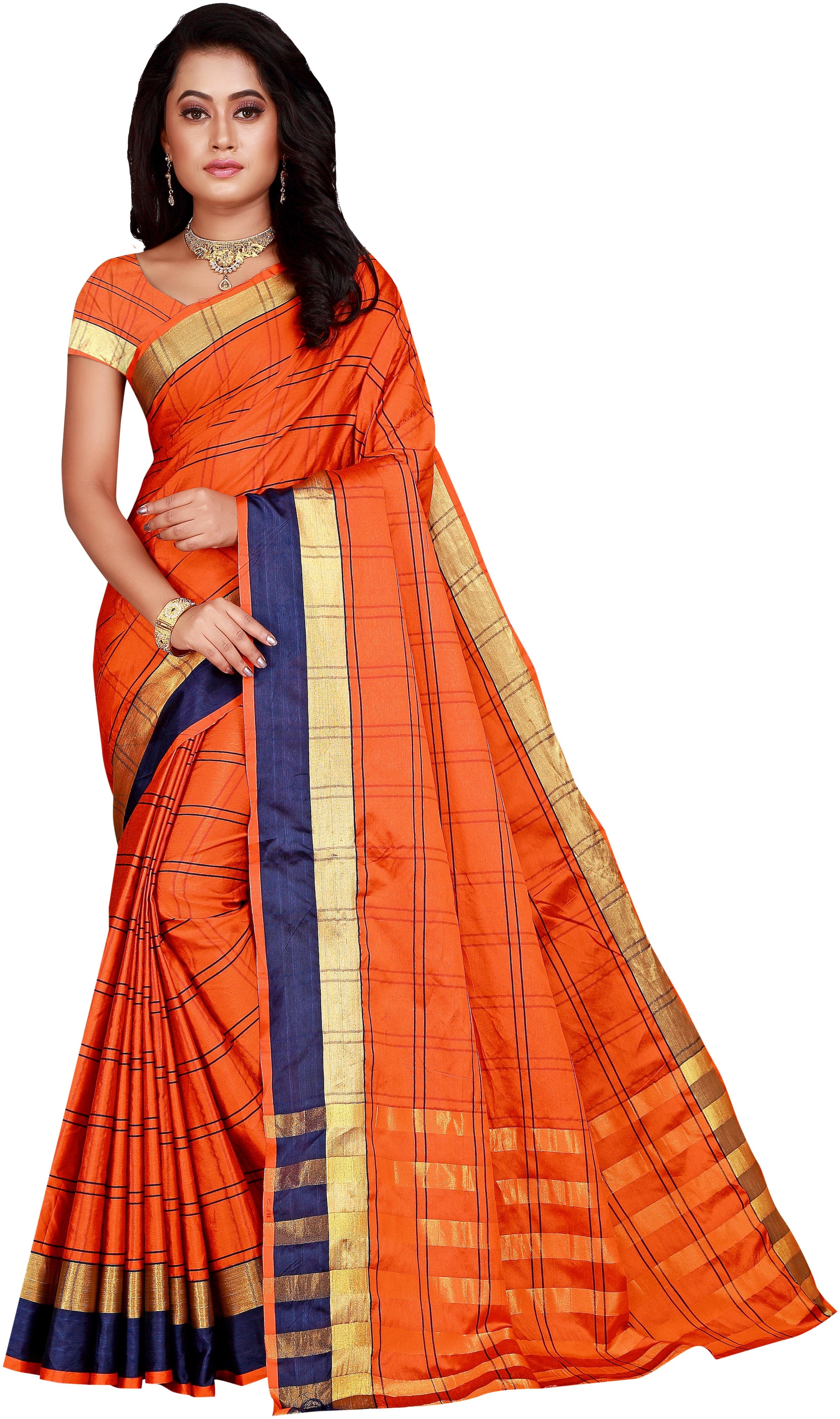 

Priyansh Creation Women s Orange Cotton Checkered Regular Saree