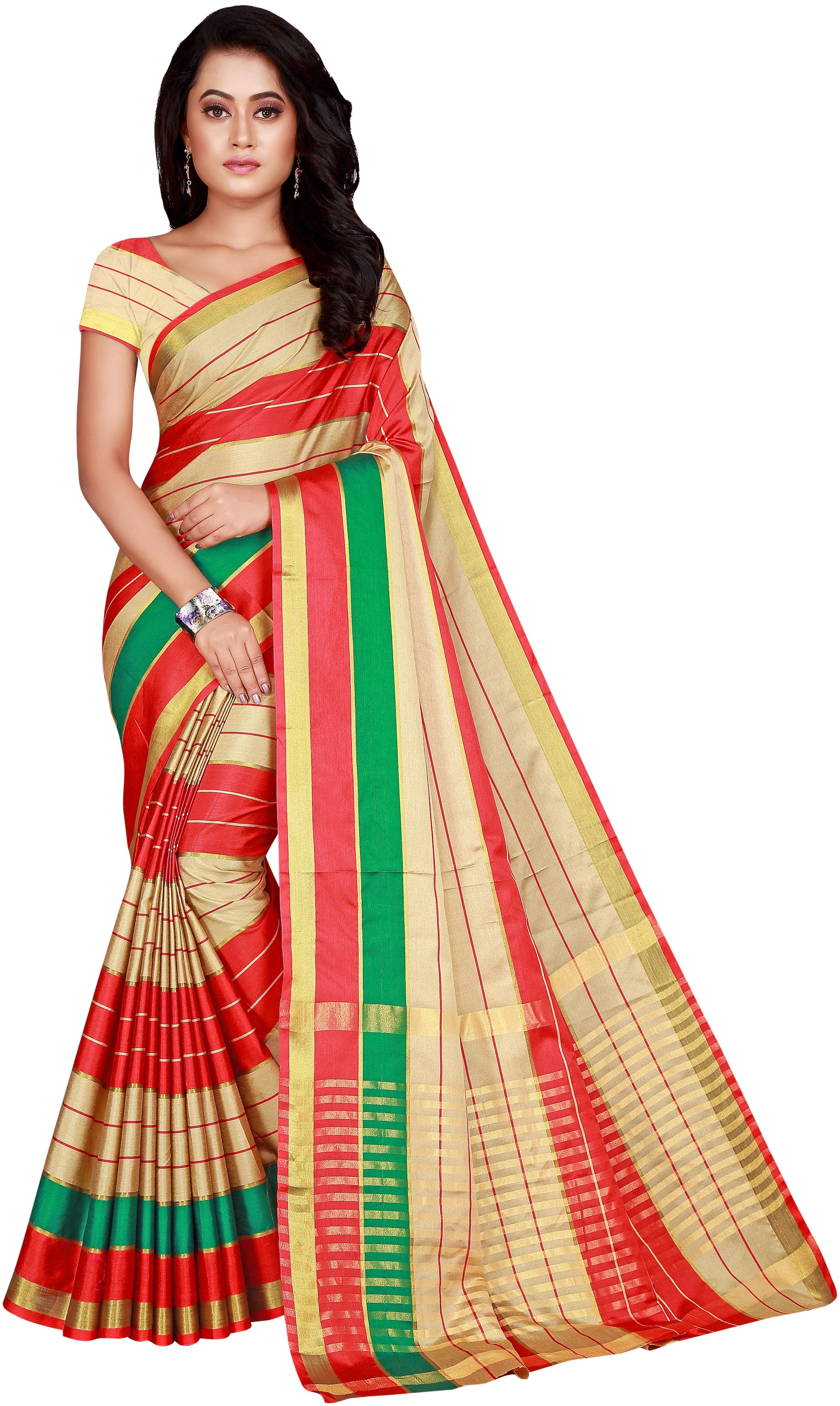 

Priyansh Creation Women Cotton Striped Daily Wear Saree (Multicolor)