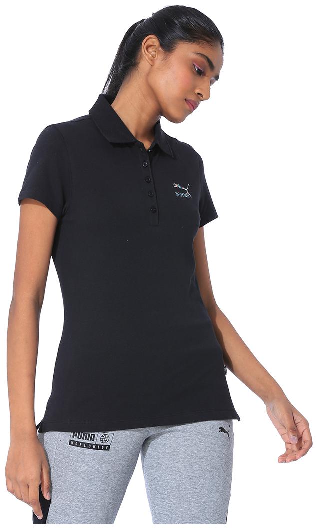 

Puma Women Black Regular fit Polo neck Cotton T shirt