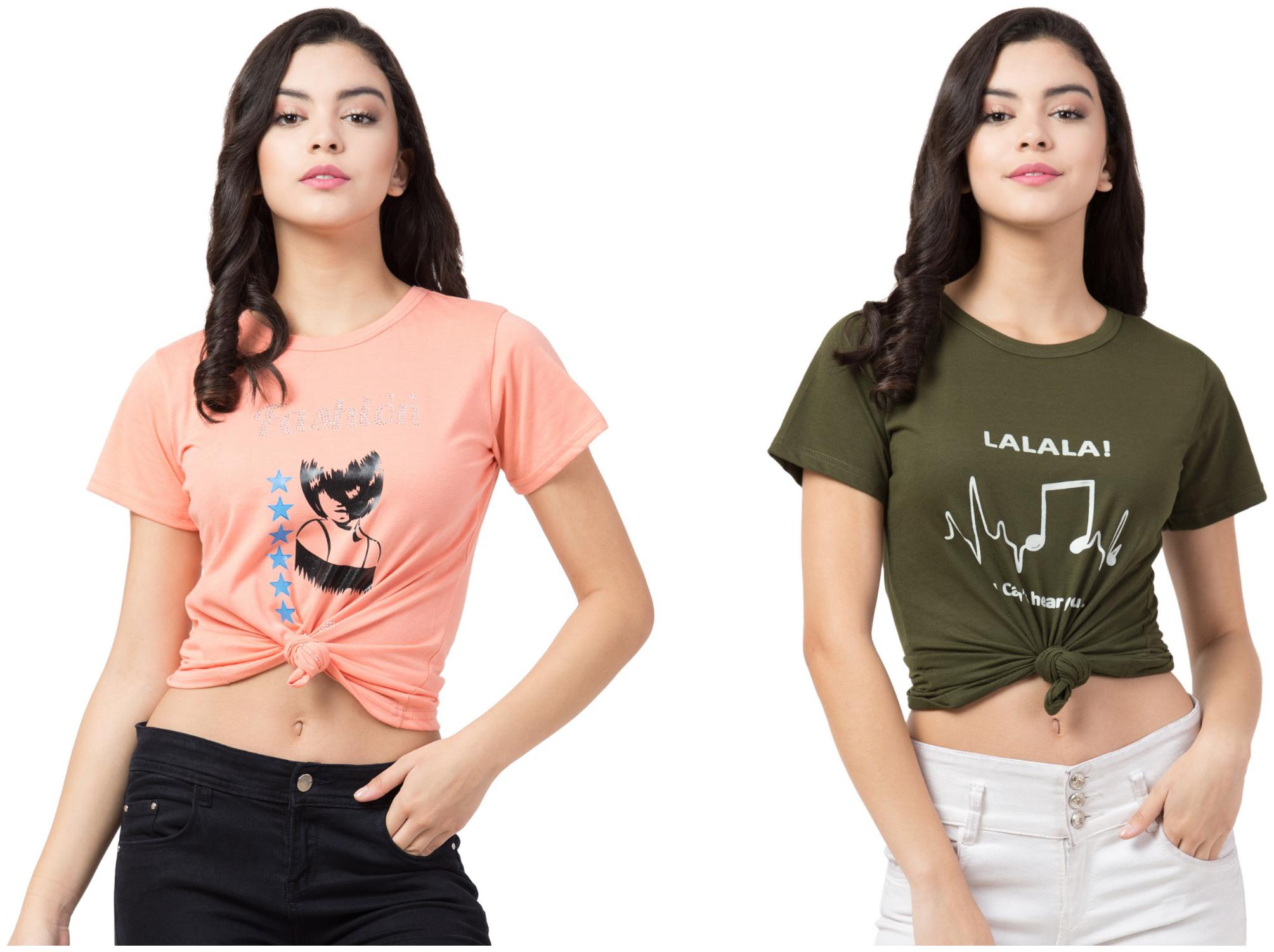 

Purplehuez Women Green Peach Regular fit Round neck Cotton T shirt
