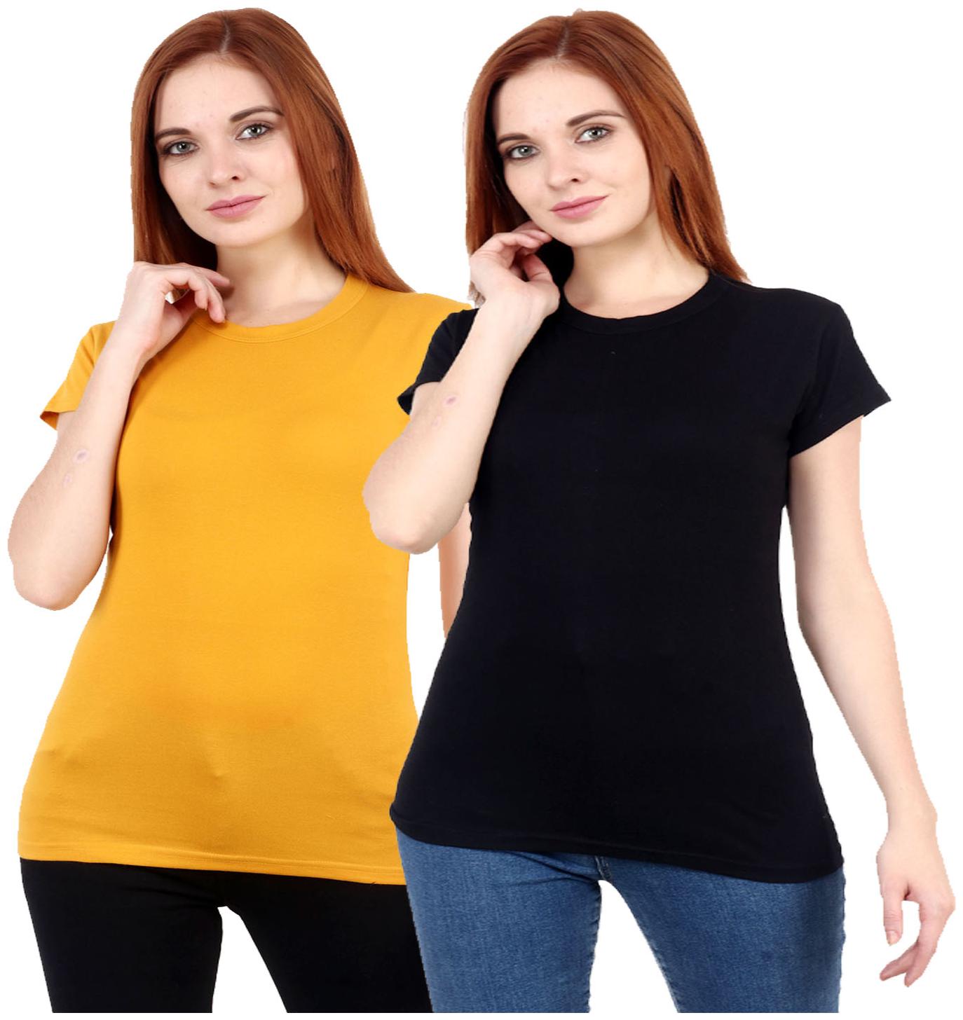 

Purplehuez Women Black Mustard Regular fit Round neck Cotton T shirt