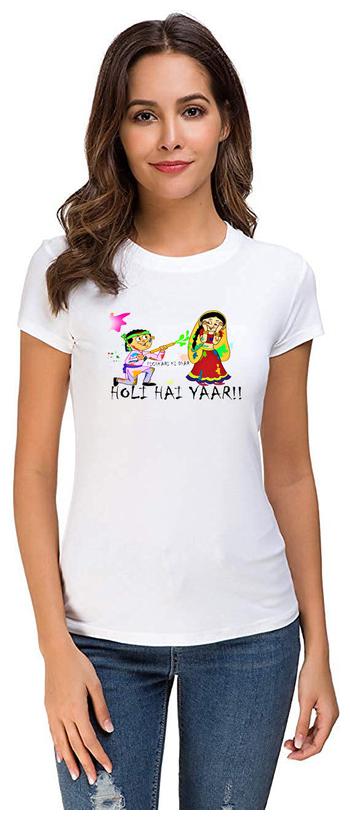

Qamash Women White Regular fit Round neck Polyester T shirt