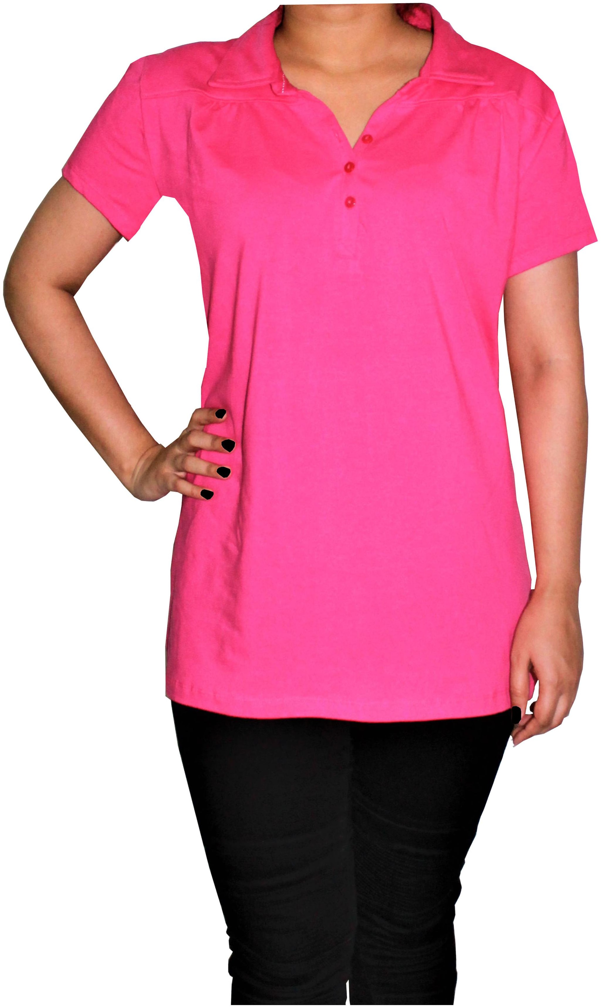 

Qamash Women Pink Regular fit Polo neck Cotton T shirt