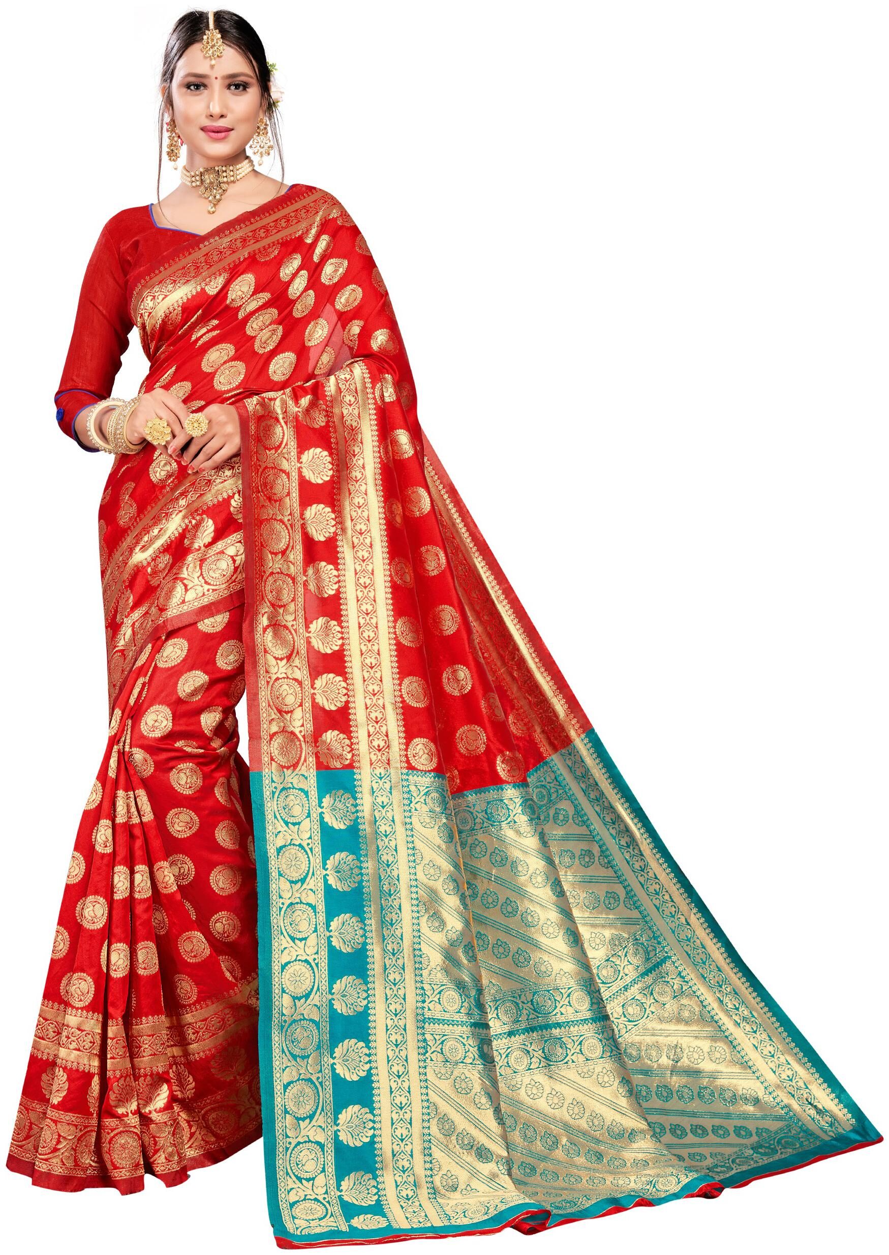 

Qosha Women Jacquard Woven Designer Saree With Blouse Piece (Red)