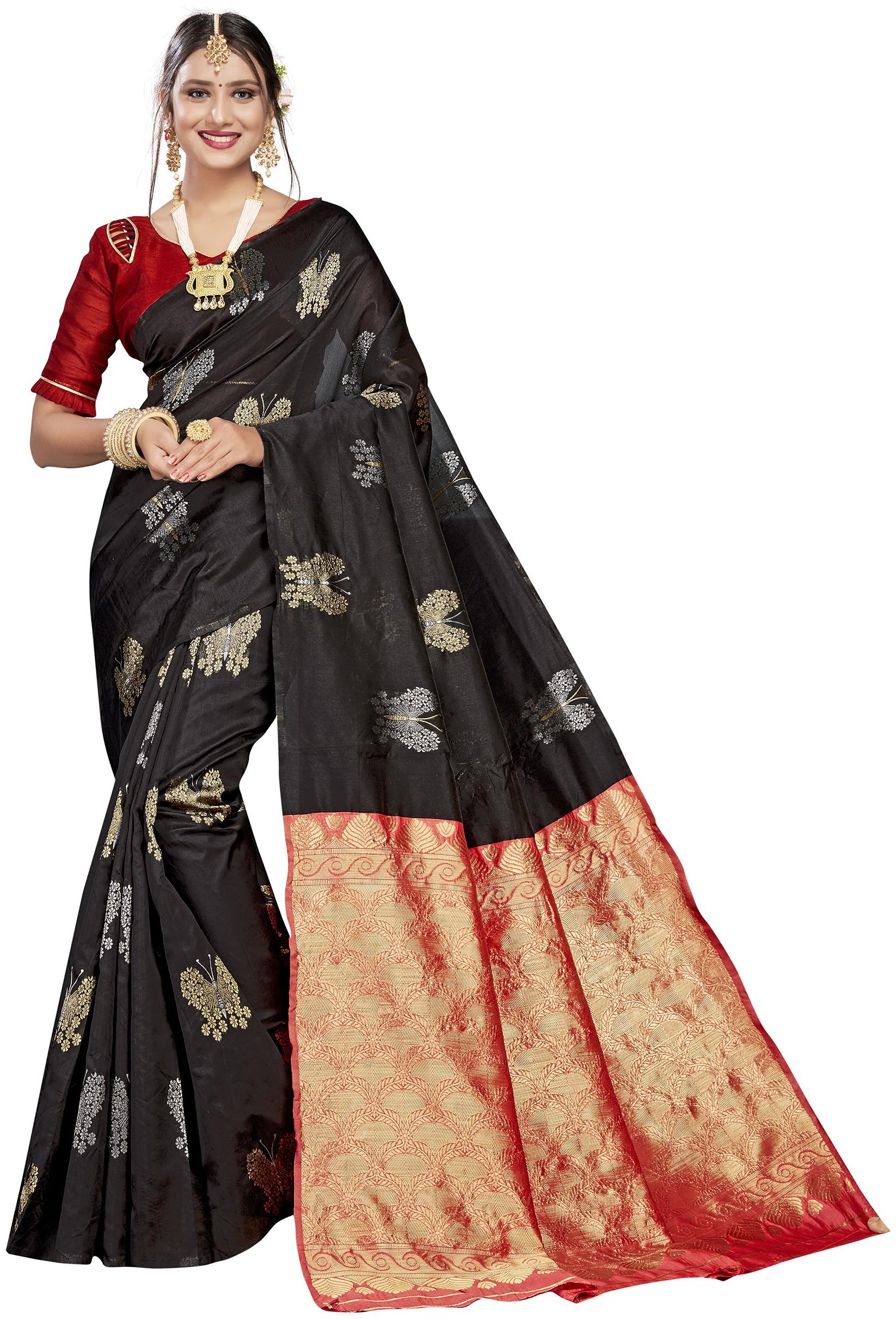 

Qosha Women Jacquard Woven Designer Saree With Blouse Piece (Black)