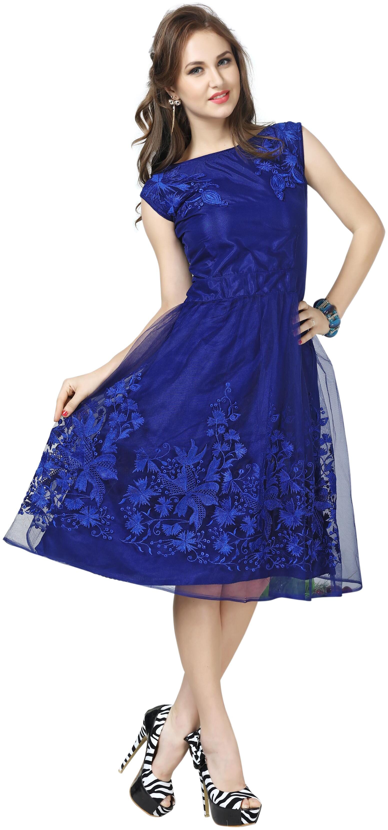 

QOSHA Blue Embroidered Fit flare dress