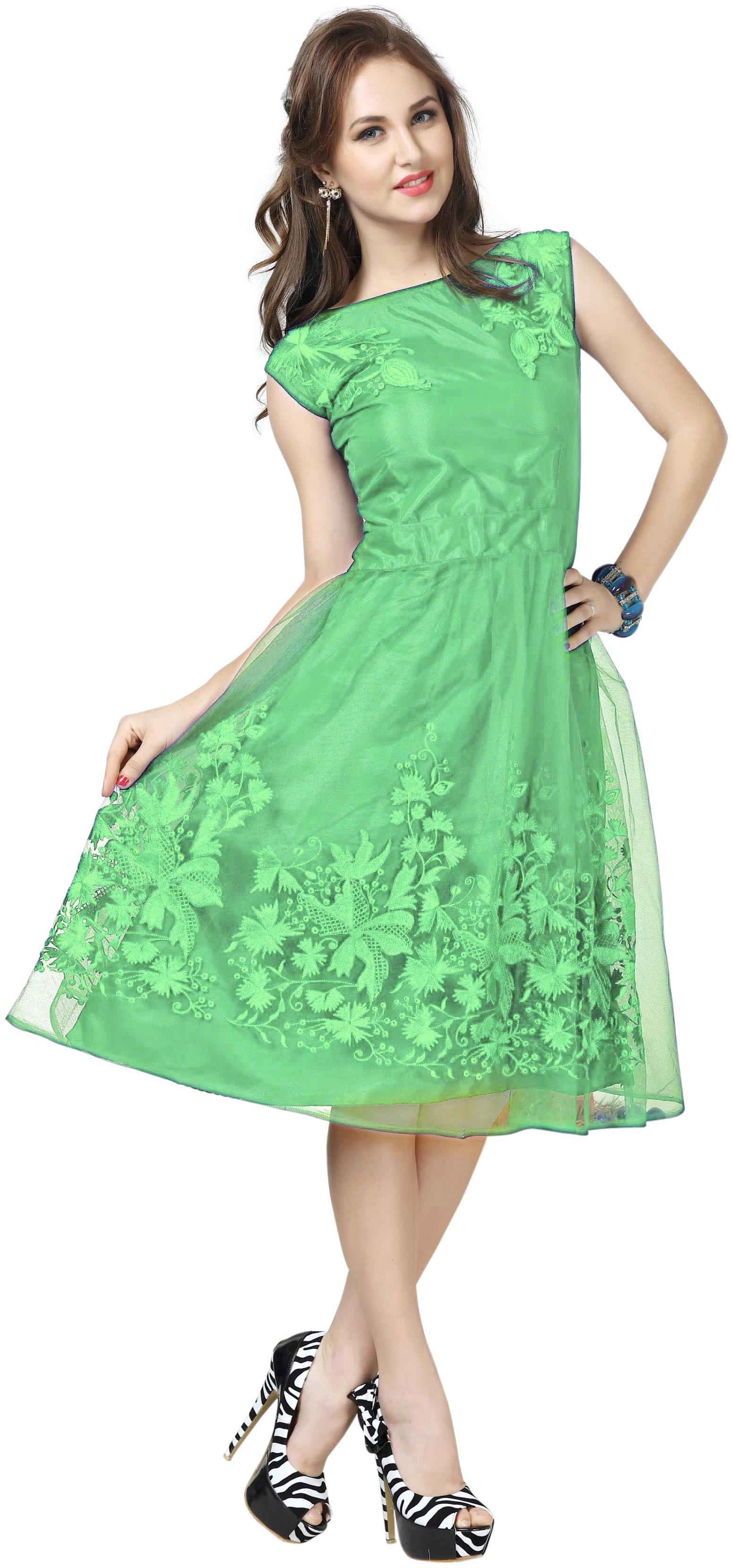 

QOSHA Green Embroidered Fit flare dress