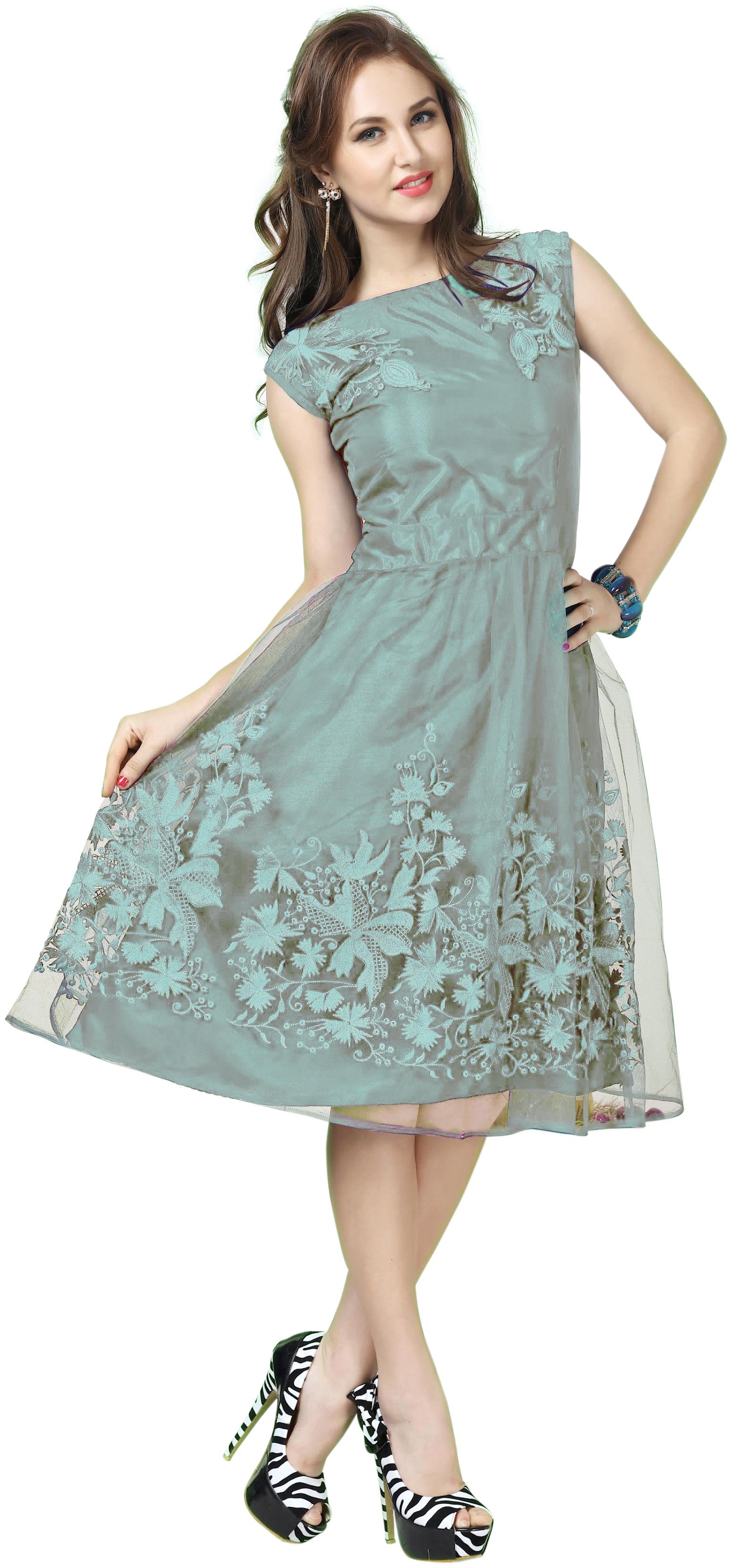 

QOSHA Grey Embroidered Fit flare dress