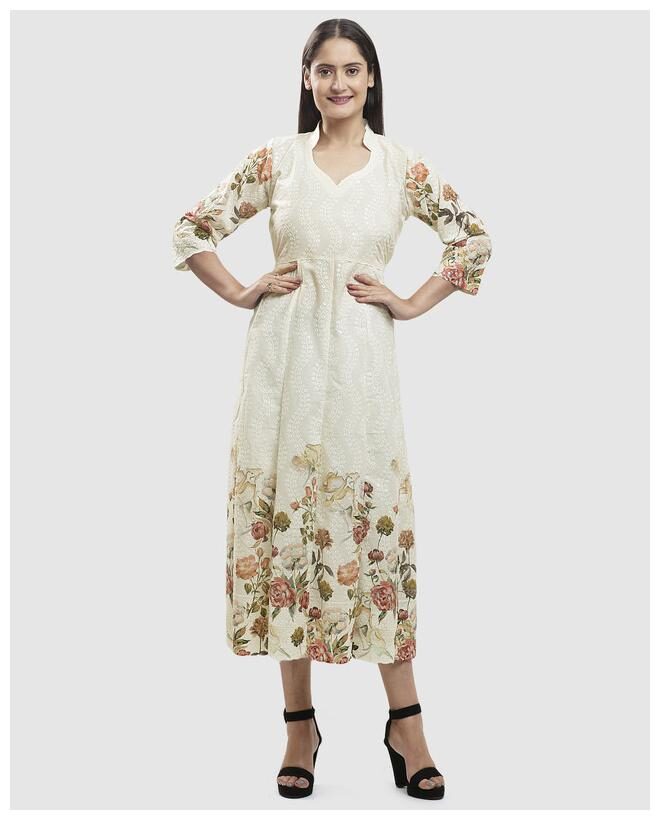 

Queenley Cotton Floral White Kurta For Women