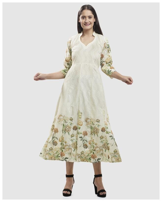 

Queenley Cotton Floral White Kurta For Women