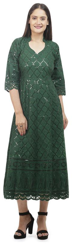

Queenley Cotton Chikankari Dark Green Kurta For Women