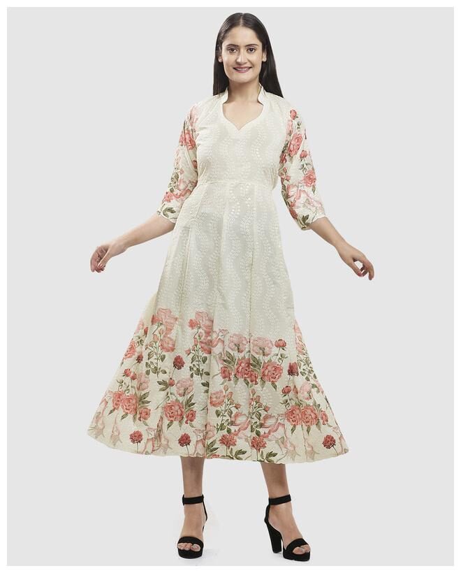 

Queenley Cotton Floral White Kurta For Women
