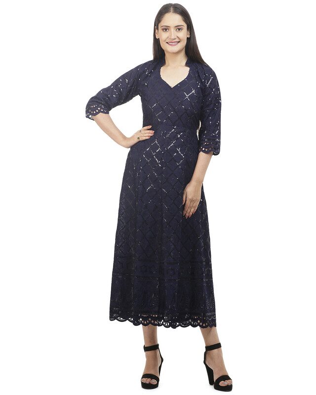 

Queenley Cotton Chikankari Navy Blue Kurta For Women