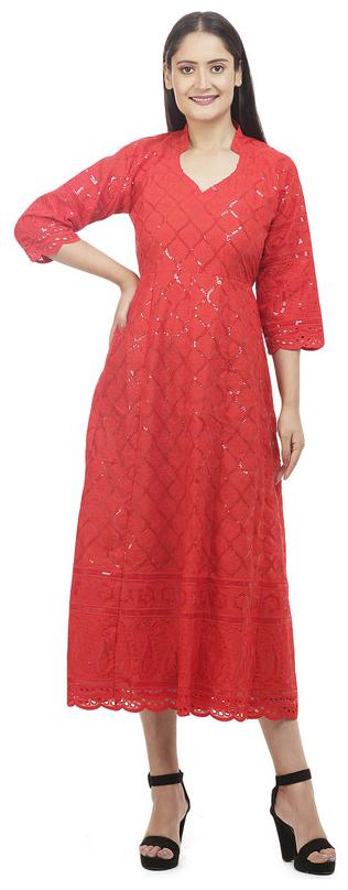

Queenley Cotton Chikankari Red Kurta For Women