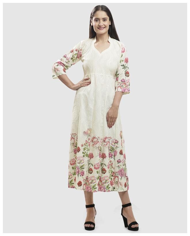 

Queenley Cotton Floral White Kurta For Women
