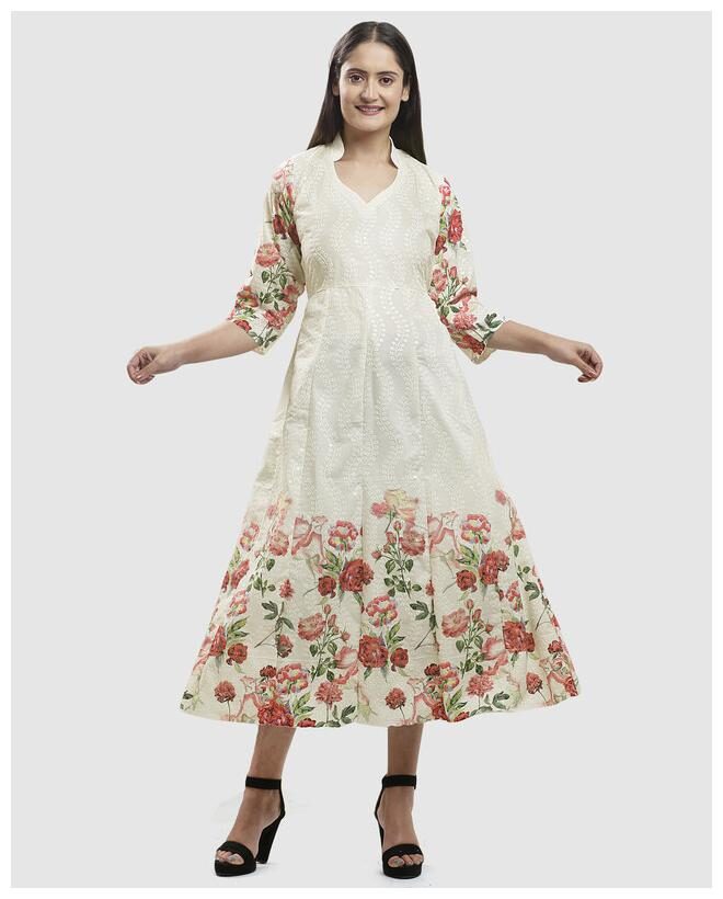 

Queenley Cotton Floral White Kurta For Women