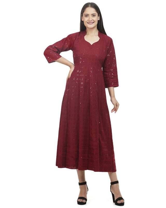 

Queenley Women Maroon Cotton Chikankari Kurti