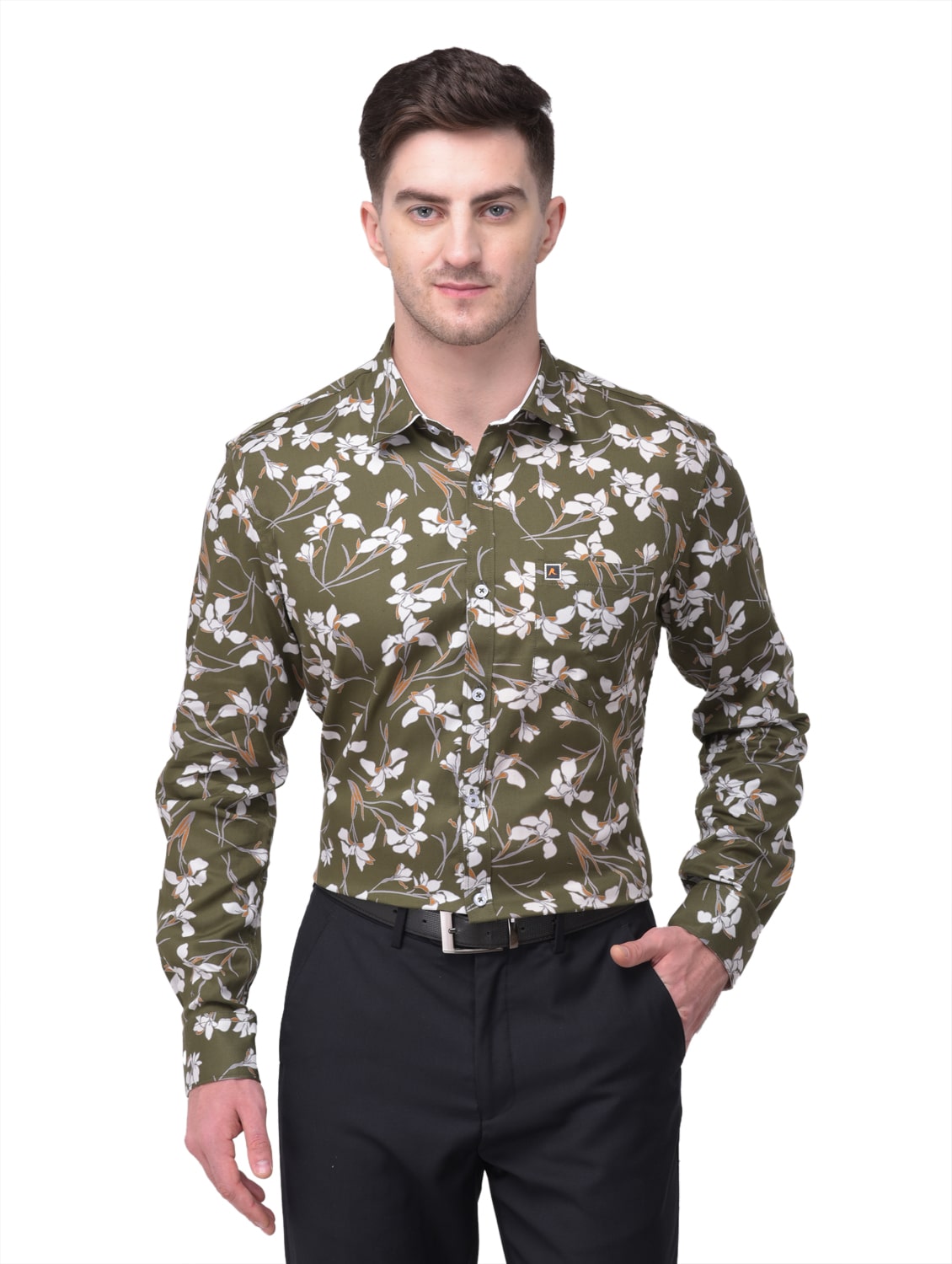 

R APPARELS Cotton Olive Floral Shirt For Men