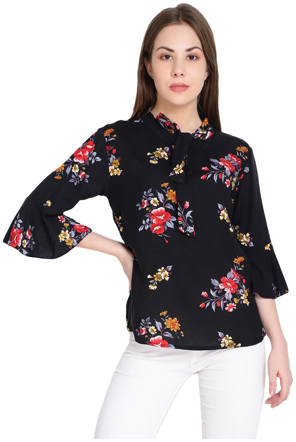 

Raabta RWT-AB02 Black Flower Print Top With Bell Sleeve