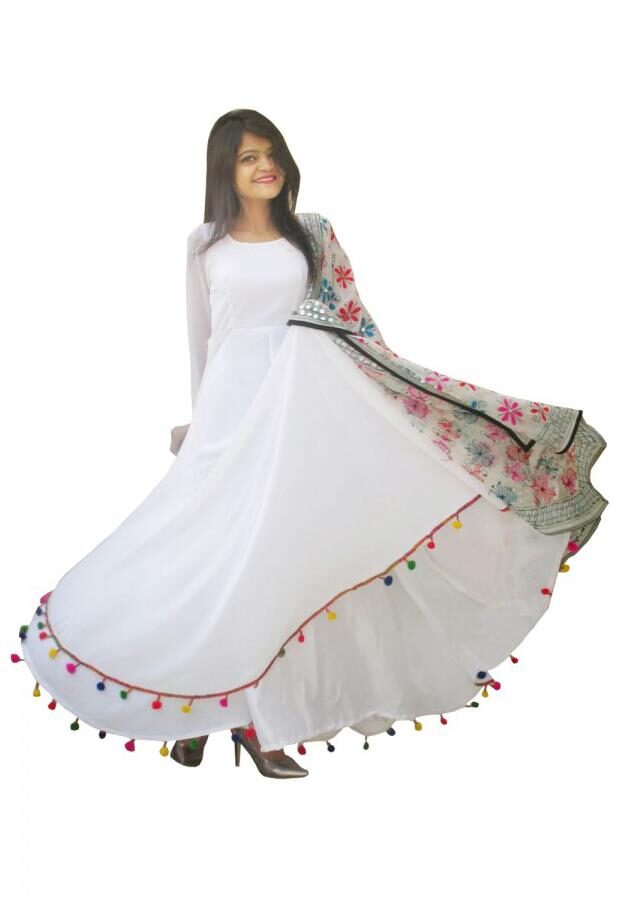 

Raabta White Long Dress with multicolor Pom Pom Border