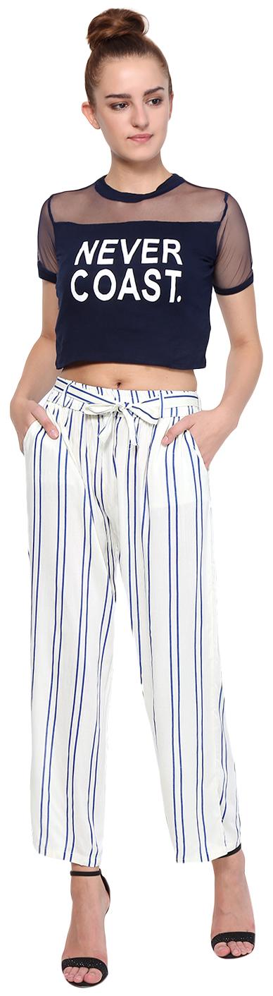 

RAABTA WOMEN S WHITE AND BLUE STRIPED PALAZZO WITH BELT