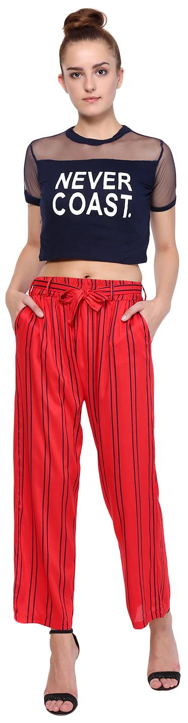 

RAABTA WOMEN S RED WITH BLACK STRIPED PALAZZO WITH BELT