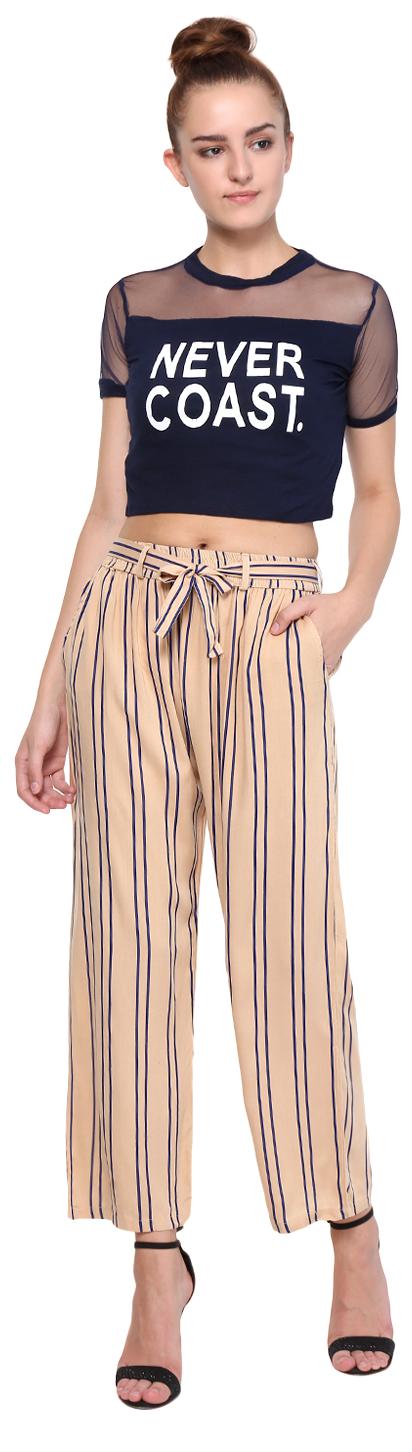 

RAABTA WOMEN S BEIGE AND BLUE STRIPED PALAZOO WITH BELT