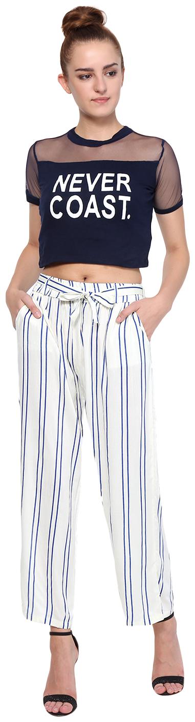 

RAABTA WOMEN S WHITE AND BLUE STRIPED PALAZZO WITH BELT