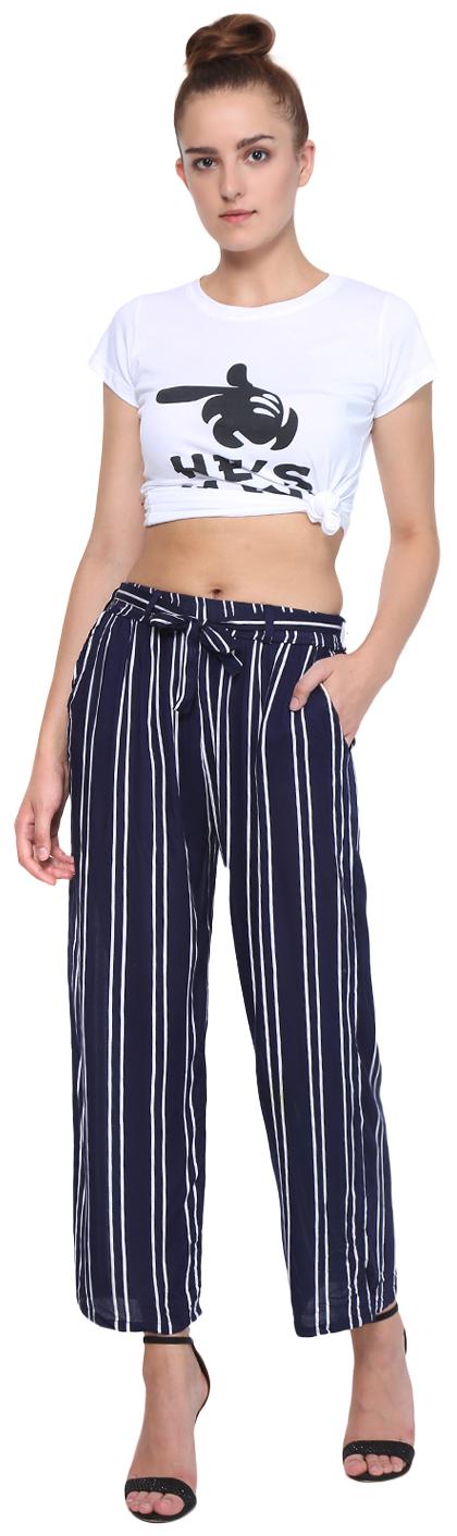

RAABTA WOMEN S NAVY BLUE WITH WHITE STRIPED PALAZZO WITH BELT