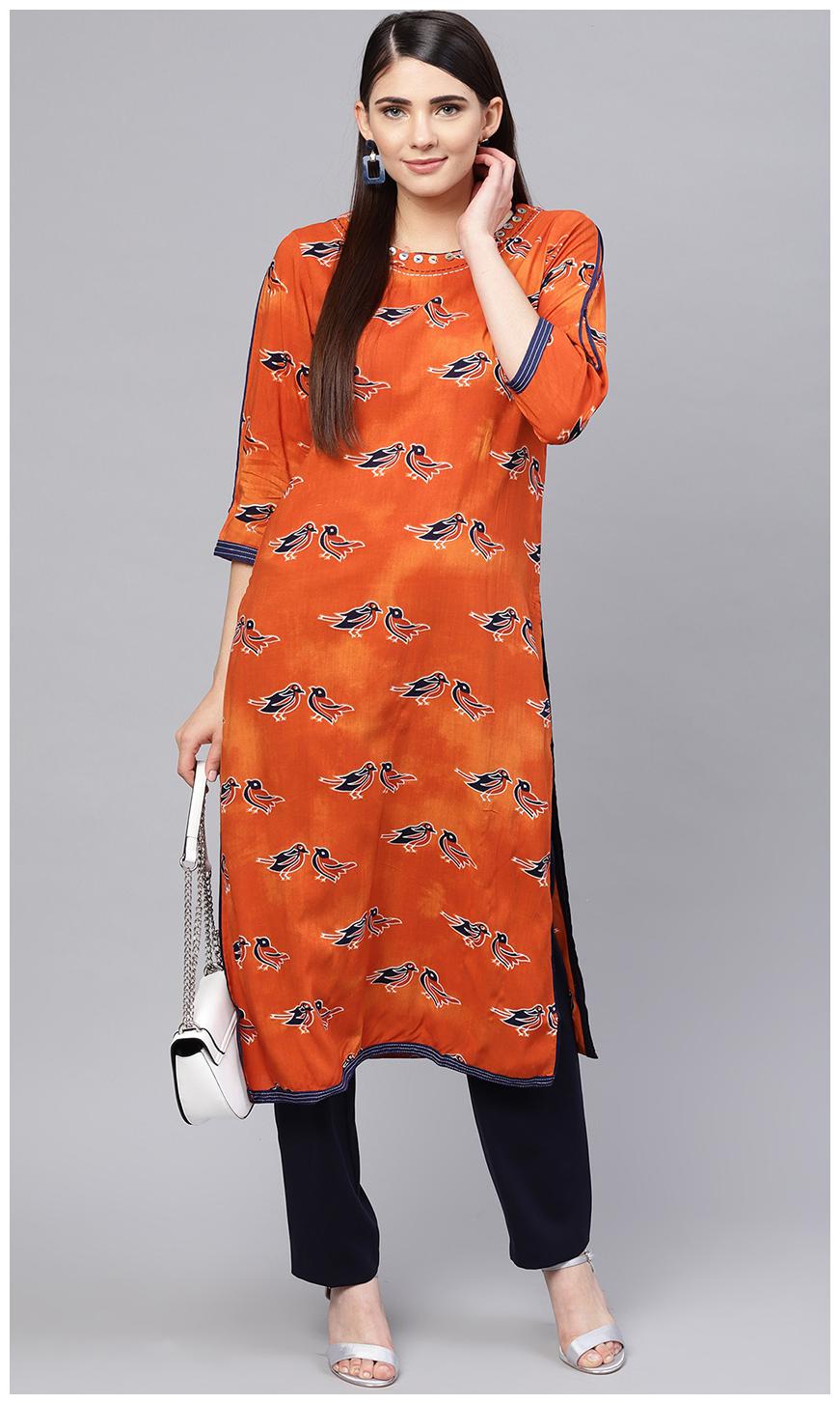 

RAIN and RAINBOW Women Orange Printed Straight Kurta