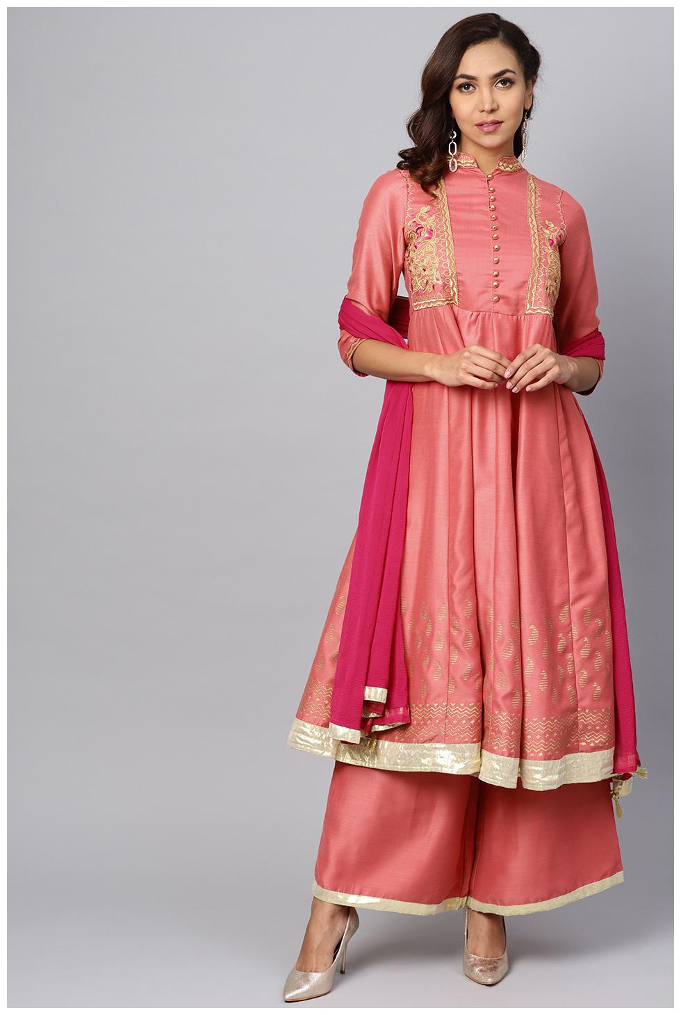 

RAIN and RAINBOW Women Pink Printed Anarkali Kurta With Churidar And Dupatta