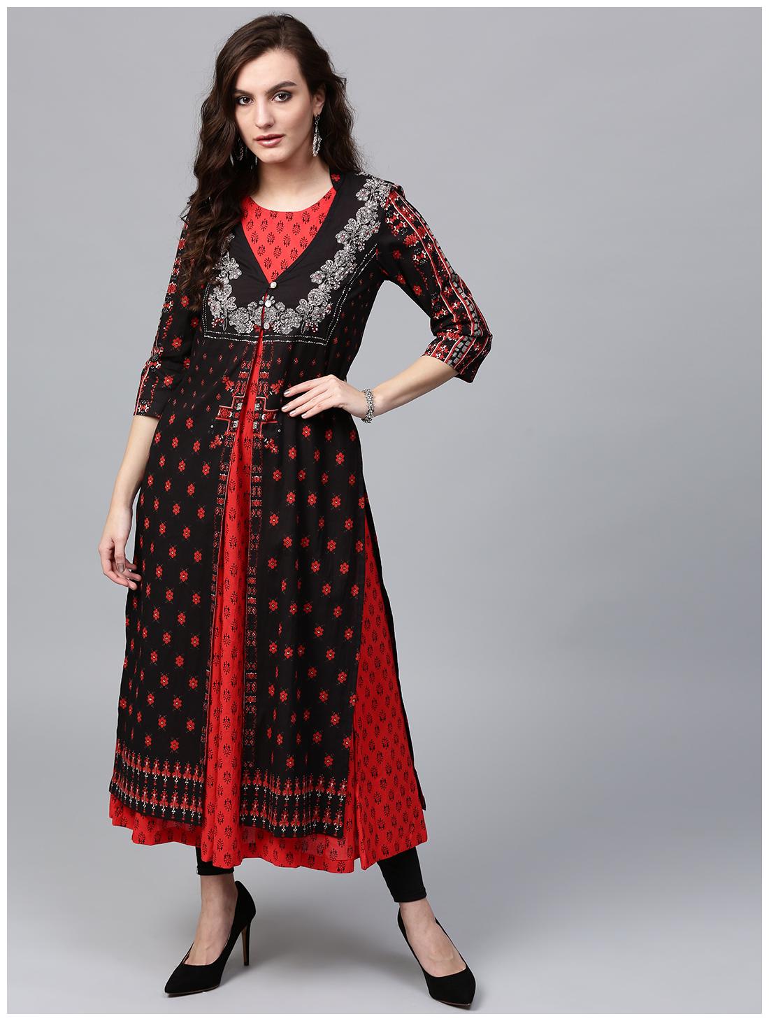 

RAIN and RAINBOW Women Black Printed Anarkali Kurta