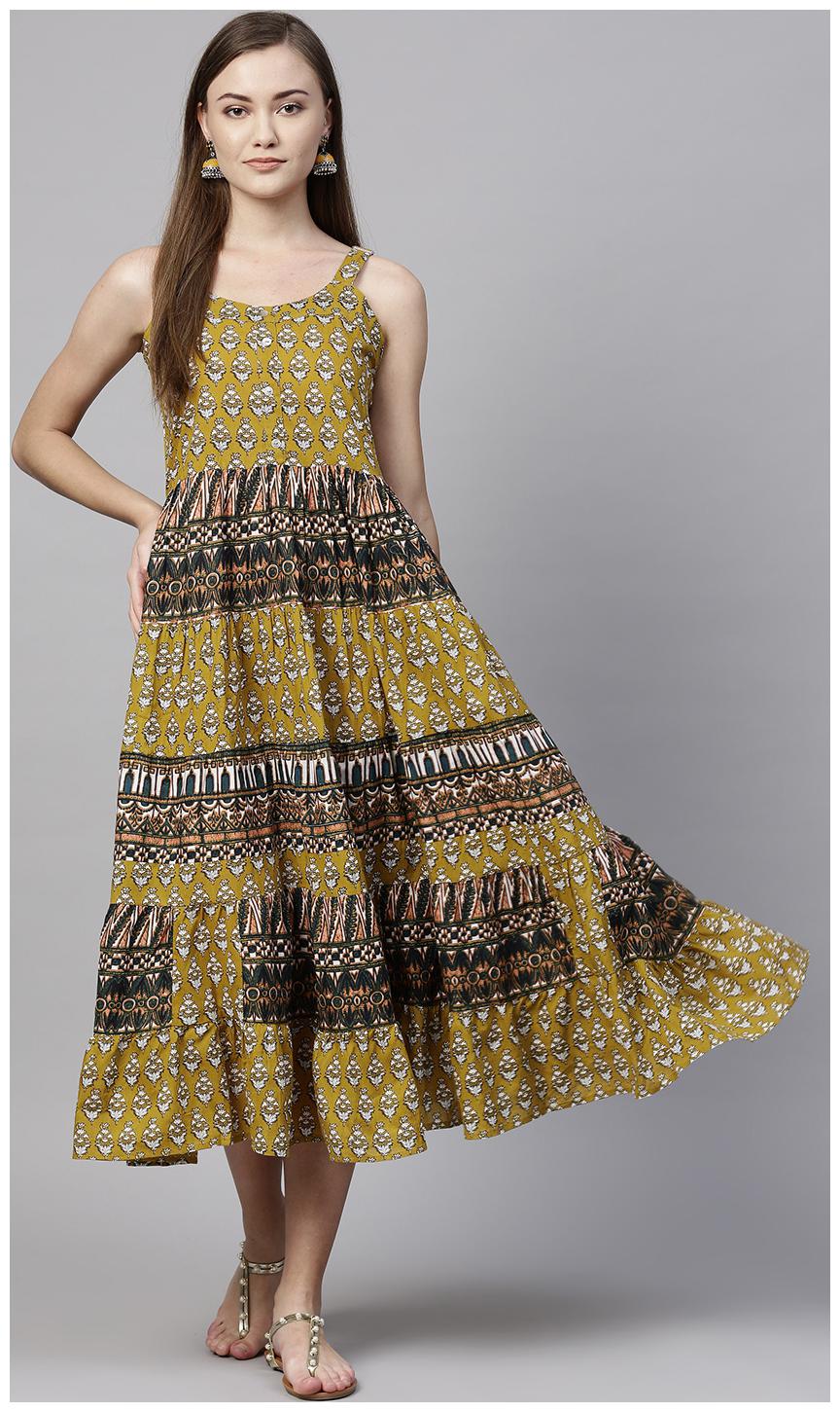 

RAIN and RAINBOW Women Mustard Printed Tiered A-Line Kurti Dress