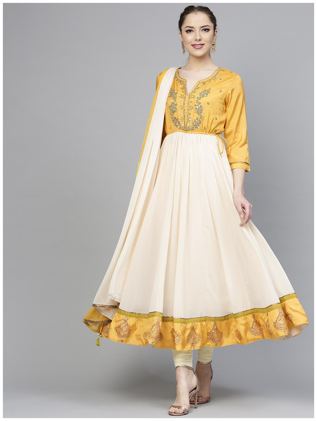 

RAIN and RAINBOW Women Chiffon Printed Anarkali Suit Set White Yellow
