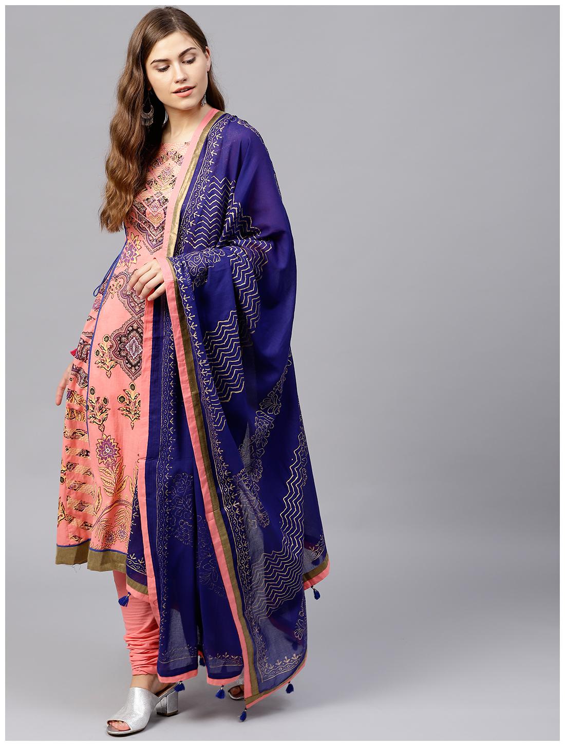 

RAIN and RAINBOW Women Peach Printed Anarkali Kurta With Churidar And Dupatta