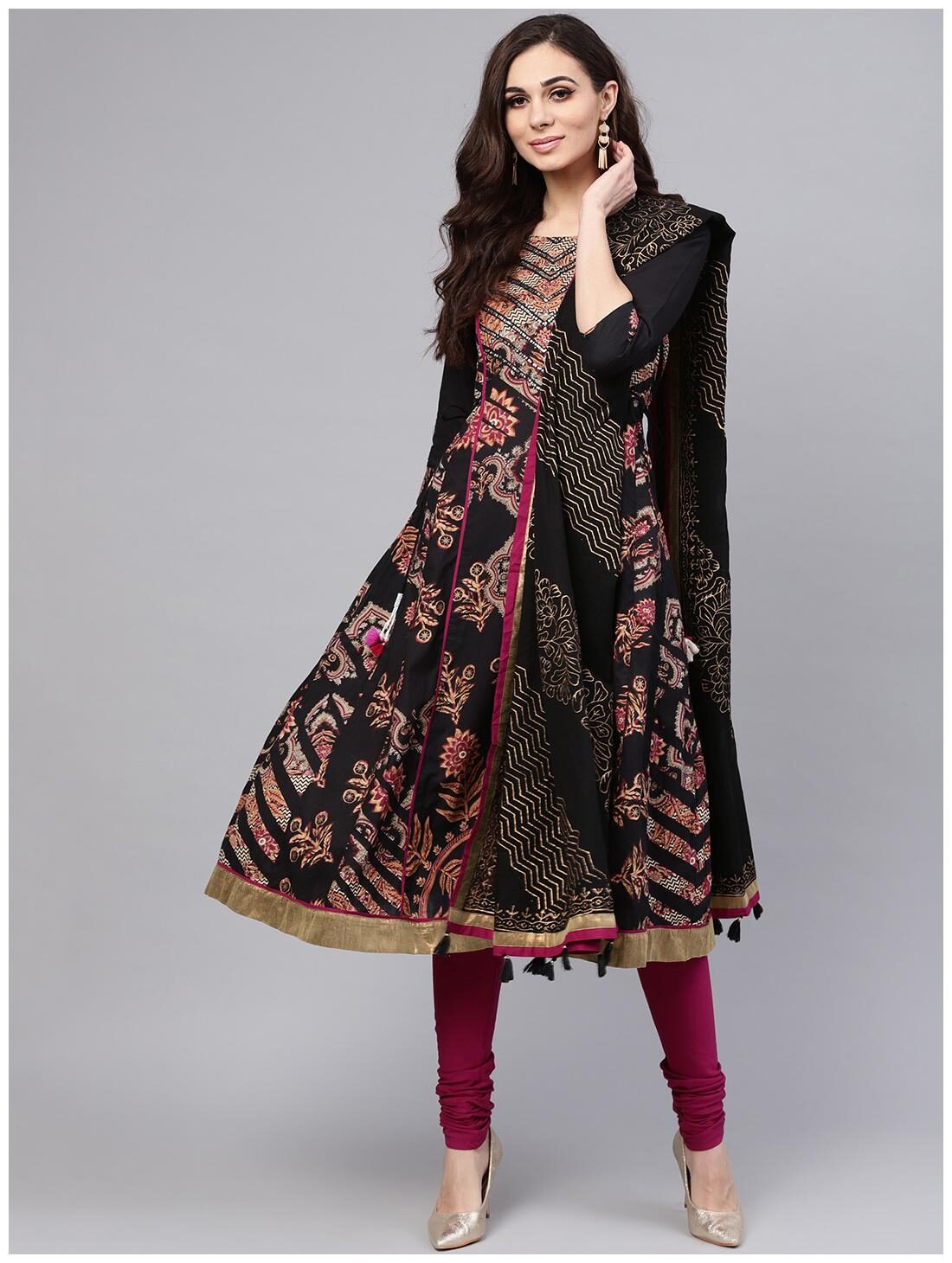 

RAIN and RAINBOW Women Black Purple Printed Anarkali Kurta With Churidar And Dupatta