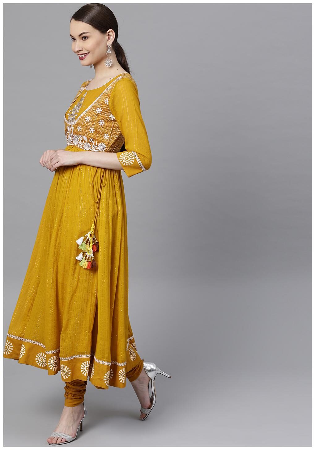 

RAIN and RAINBOW Women Yellow Printed Anarkali Kurta With Churidar