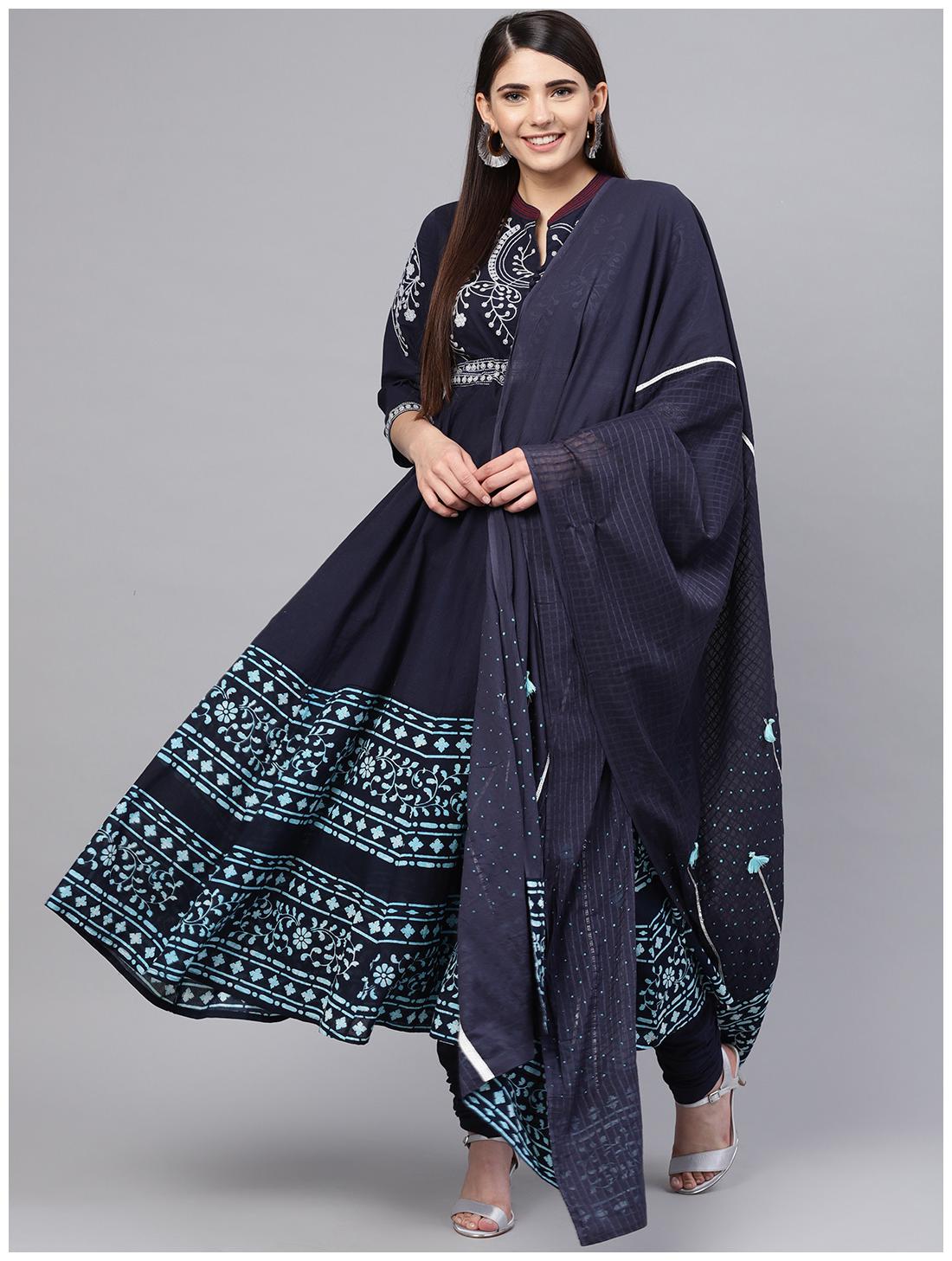 

RAIN and RAINBOW Women Navy Blue Printed Anarkali Kurta With Churidar And Dupatta