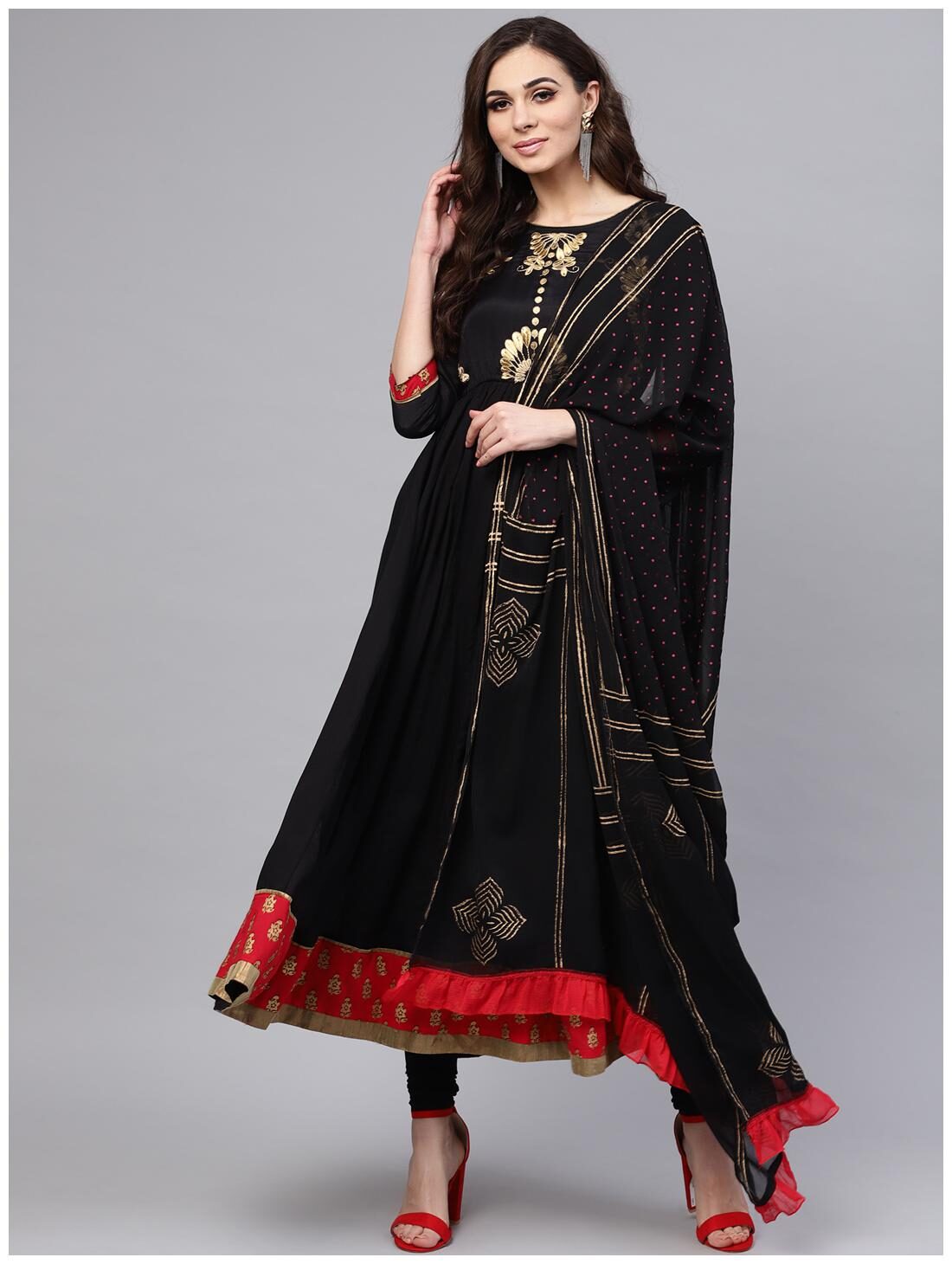 

RAIN and RAINBOW Women Black Printed Anarkali Kurta With Churidar And Dupatta