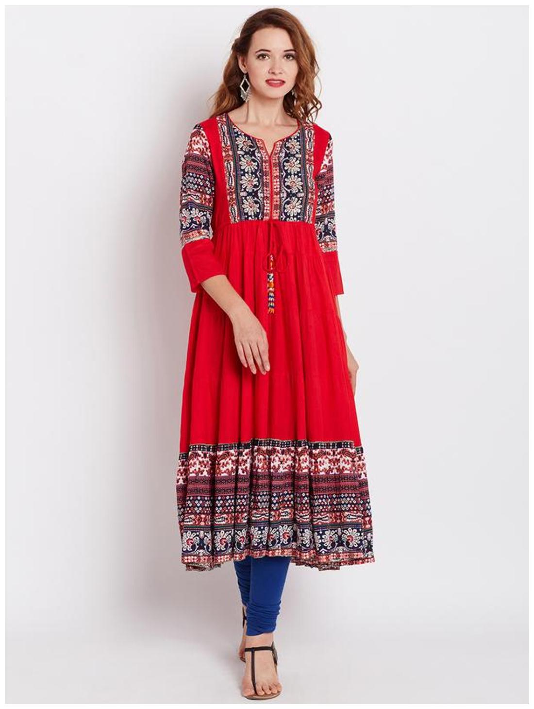 

RAIN and RAINBOW Women Red Printed Anarkali Kurta