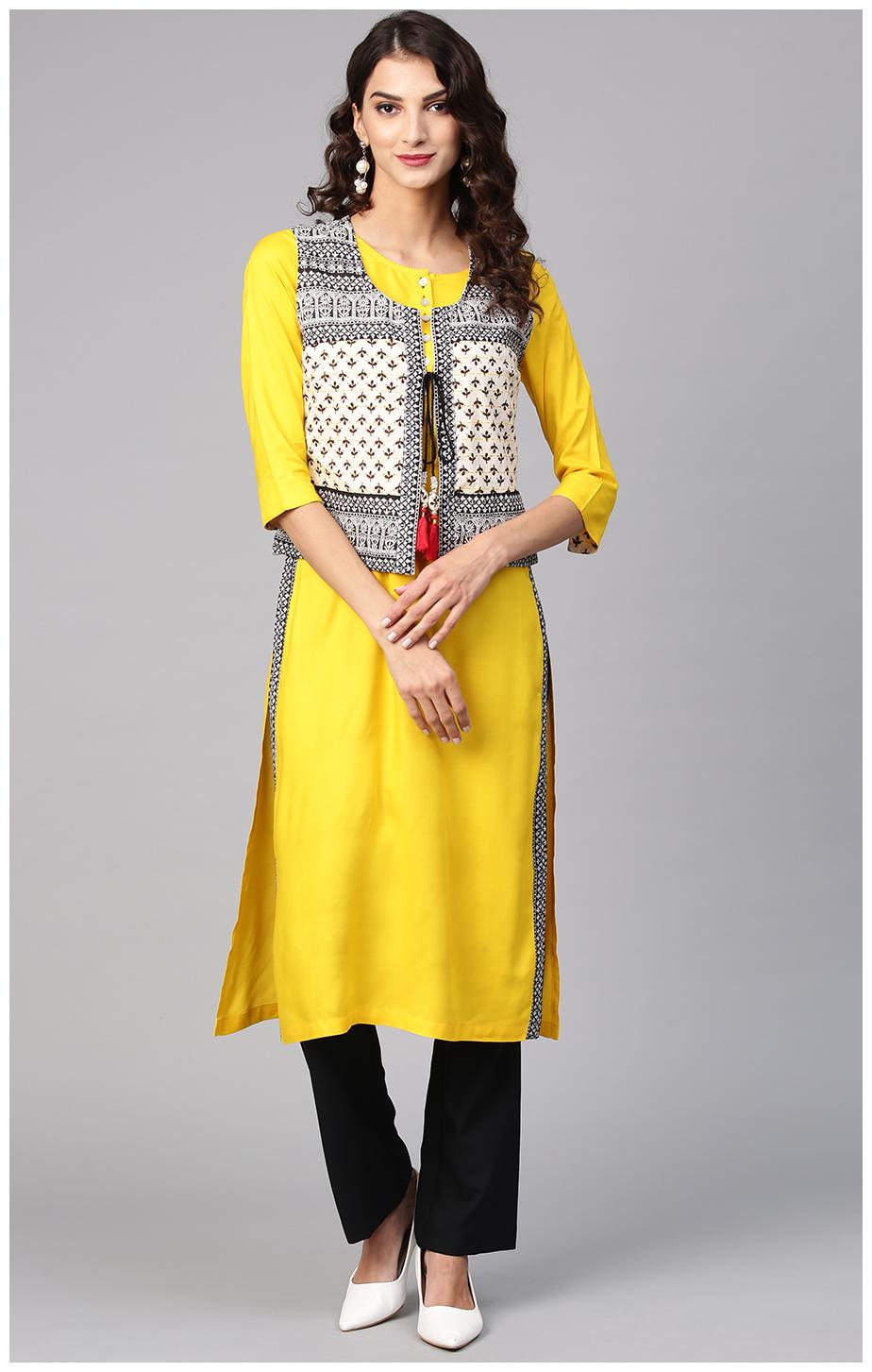 

Rain and Rainbow Kurtas Kurtis Rayon Solid Yellow Color