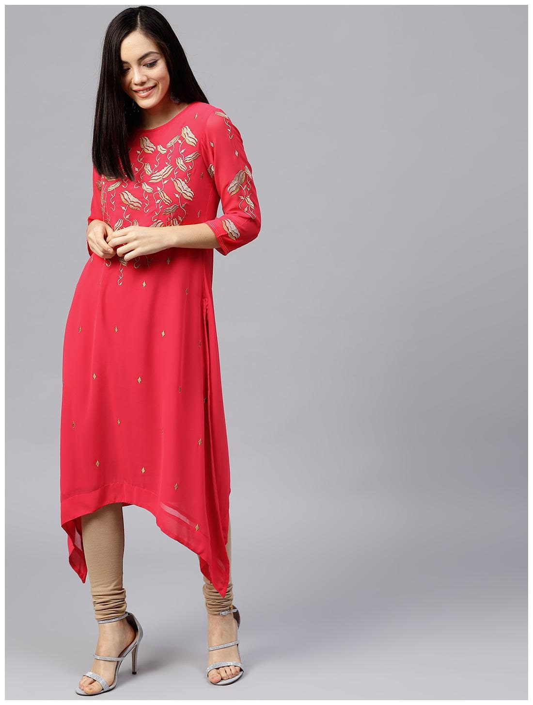 

Rain and RainbowWomen Red Yoke Design Straight Kurta