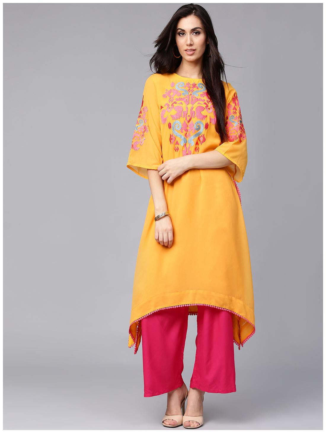 

RAIN and RAINBOW Women Yellow Embroidered Assymetrical Kurta