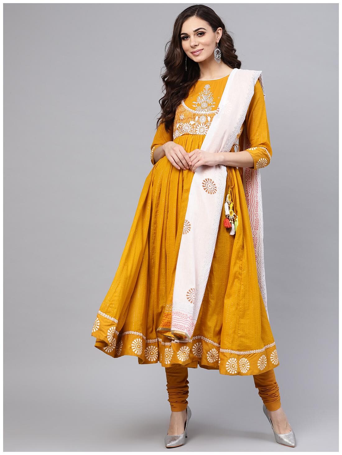 

RAIN and RAINBOW Women Mustard Printed Anarkali Kurta With Churidar And Dupatta