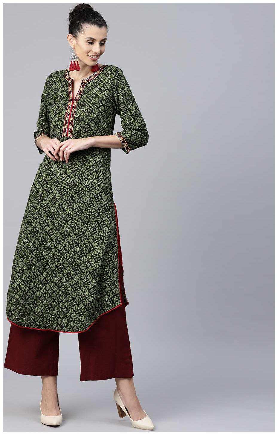 

Rain and Rainbow Women Green Printed A Line Kurta