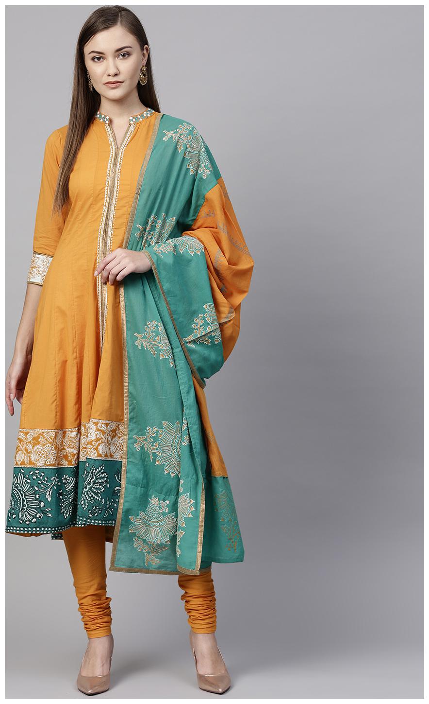 

RAIN and RAINBOW Women Cotton Printed Anarkali Suit Set Orange Green