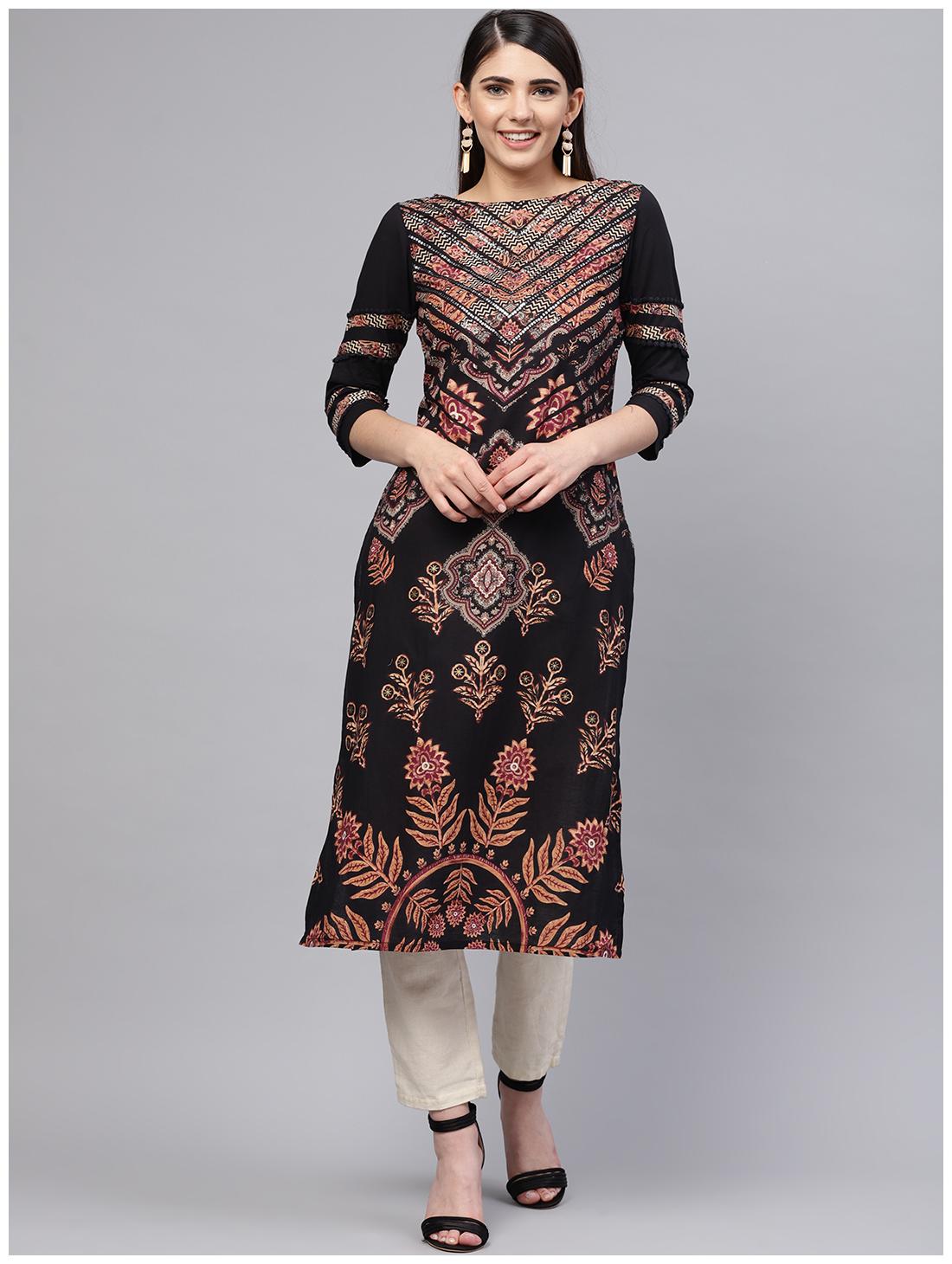 

RAIN and RAINBOW Women Black Ethnic Motifs Straight Kurta