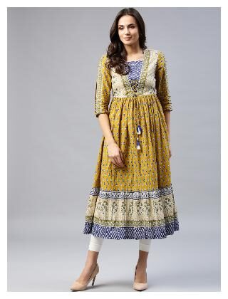 

RAIN and RAINBOW Women Yellow Printed Anarkali Kurta